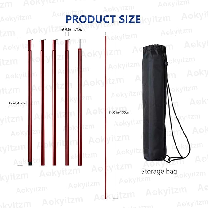 Tent Poles,Adjustable Portable Tent Poles-74.8" Sturdy and Durable Rustproof Thickened Iron Tent Stakes for Camping,Hiking,Van Awnings,Beach Awning Tent Accessory with Storage Bag-2 Pack (Red)