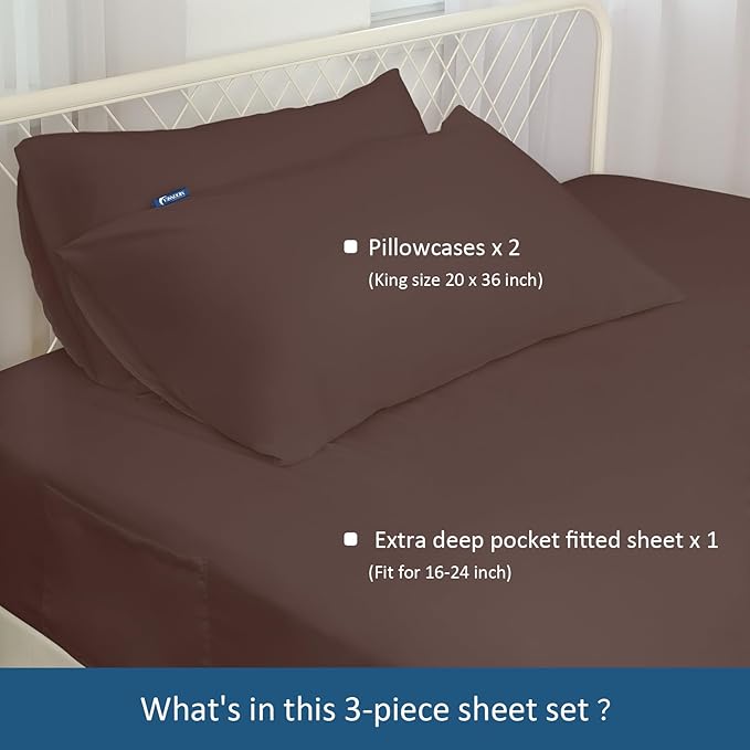 King Size Sheets Set for Air Mattress - Deep Pocket King Sheet Set - 3Pcs Side Storage Pocket Fitted Sheet & Pillowcases Easily Fits 16in to 24in Pillow Top Air Bed Mattress - Brown