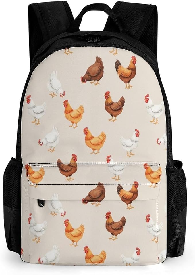 Women Men Polyester Hens Chickens Casual Daypack Large Capacity Bookbag With Side Pockets for Sports Picnic Walking Cycling