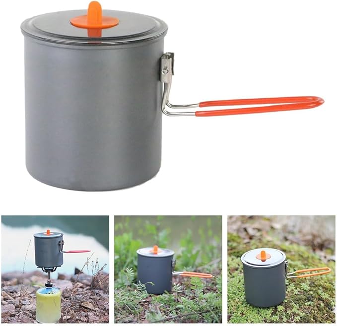 Camping Cooking Pot 1000ml Aluminum Alloy Lightweight Outdoor Milk Tea Coffee Kettle with Folding Handle for Hiking Picnic, Gray