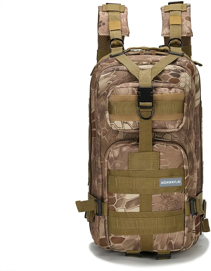 30L Comfortable Durable Military Tactical Backpack w/USA Flag Patch, MOLLE Hiking Camping Travel Bag,(Khaki python pattern)