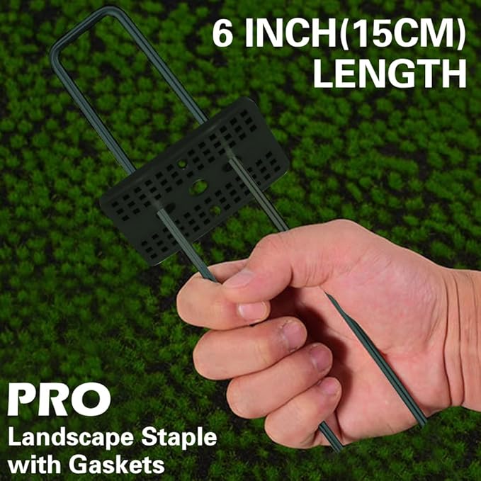 Bakulyor 50 Pcs Green Artificial Turf Stakes Anchor + 50 Pcs Buffer Washer, 6 Inch 11 Gauge Landscape Staples, Galvanized Lawn Spikes, Heavy Duty Yard Ground Pin for Grass Weed Barrier Sod Fabric