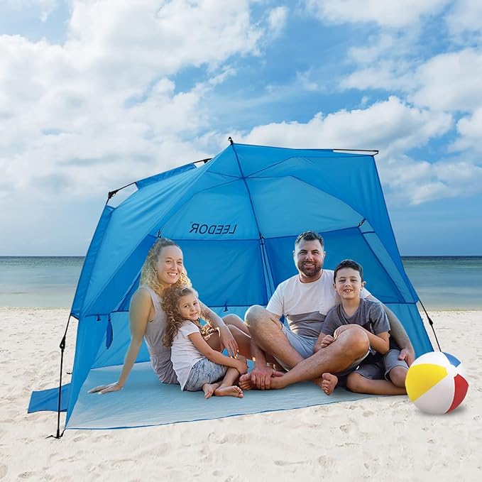 LEEDOR® Beach Tent Sun Shelter Instant Beach Umbrella with UPF 50+ UV Portable Windproof Pop Up Shade for 3 to 4 Person for Family Patent Pending
