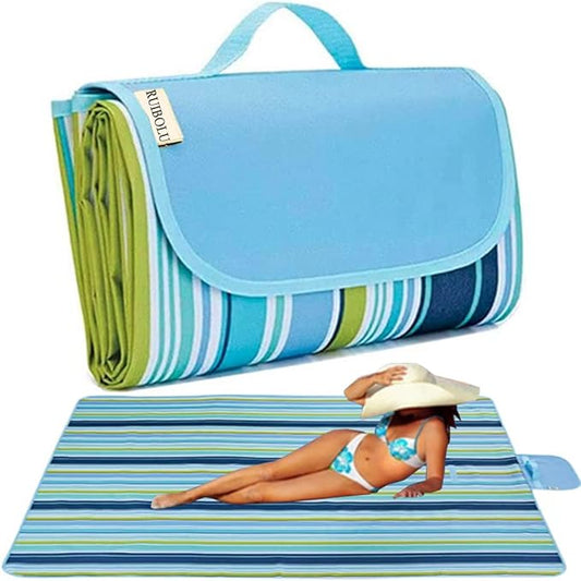 RUIBOLU Large Picnic Blanket, Beach Blankets(80X60) Inch Sandproof Beach Mat for 3-5 Adults Waterproof Quick Drying Outdoor Picnic Mat for Travel Camping Park Lawn (Blue Stripes)
