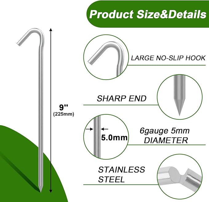 AAGUT 8 Pack Metal Camping Tent Stakes 9 Inch Yard Stakes for Inflatables Heavy Duty Tent Pegs Steel Hooked Ground Stakes for Outdoor Christmas Decorations, Garden Edging Tarp Stakes for Ground