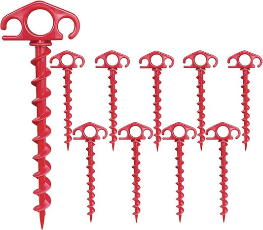 Tent Stakes Ground Anchors Screw in, 10 Pack Sand Stakes for Beach 9.4 Inch Heavy Duty Spiral Tent Pegs for Camping, Party, Hiking, Outdoor Decoration (10, Red)