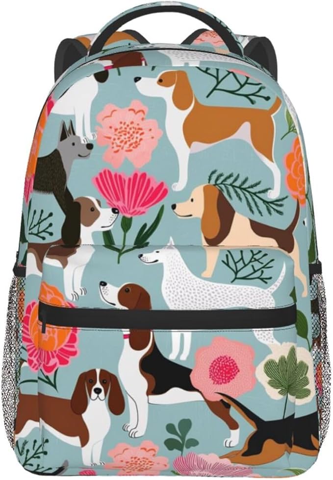 Polyester Daypack Backpack for Sports Travel Running, Big Capacity Anti-Theft Multipurpose Carry On Bag, Sweet Basset Hound Dog And Vintage Florals Laptop Book Bag Rucksack