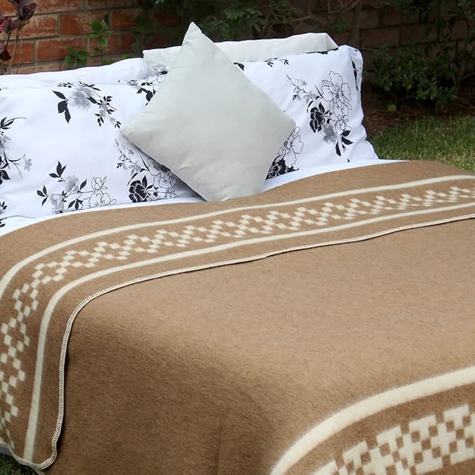 Inca Wall - Thick Alpaca Wool Blanket Heavyweight Camping Outdoors Indoors Soft Peru Queen Size New Ethnic Design (Soft Camel/Ivory, Queen Size)