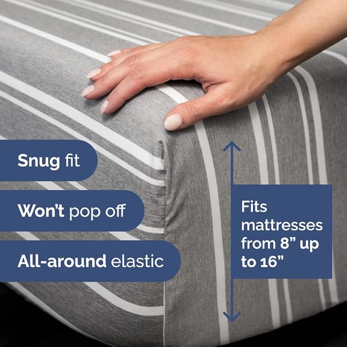Full XL Bed Sheet - 4 Piece Full XL Bed Sheets Set - Soft, Breathable & Cooling - Hotel Luxury Bedding for Women, Men, Kids, Teens, Boys & Girls - Deep Pockets, Fade and Wrinkle Free - Grey Stripes