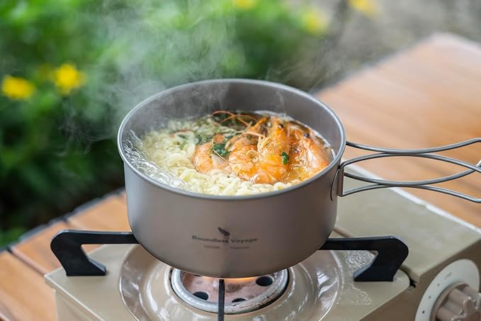 iBasingo Backpacking Cookset Titanium Camping Pots Set Ultralight Outdoor Picnic Pots Pans with Folding Handle Druable Portable Cooking Mess Kit Compact Picnic Dishes Bowls Cups (Multiple Sizes)