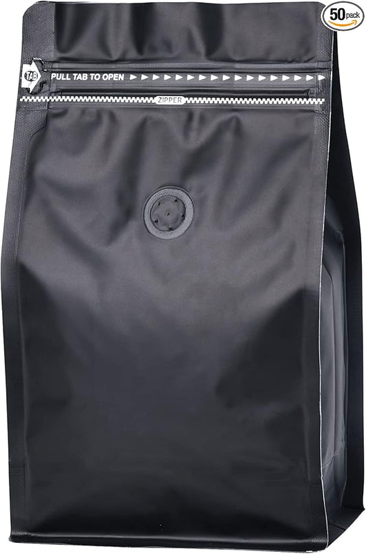 50 Pack Coffee Bags with Aluminum Foil and Degassing Valve, Resealable High Barrier Storage Bags, Odor-Proof for Coffee Beans, Stand Up Coffee Pouch, Flat Bottom (Medium-12OZ, Black)