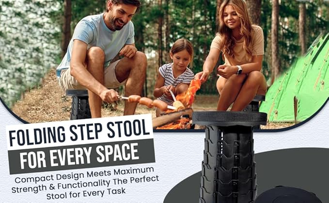 New Improved Quality Plastic Collapsible Stool - Durable, Foldable, Adjustable Collapsible Seat for Outdoors, Camping, Home - Strong, Safe, Compact Portable - Versatile Telescopic Stool, Easy to Use