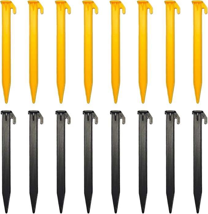 16 PCS 5.7 Inch Plastic Tent Stakes, Heavy Duty Serrated Edges Pegs for Outdoor Camping Lawn Beach Garden Canopy Anchoring and Decoration, Yellow and Black