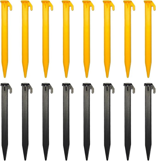 16 PCS 5.7 Inch Plastic Tent Stakes, Heavy Duty Serrated Edges Pegs for Outdoor Camping Lawn Beach Garden Canopy Anchoring and Decoration, Yellow and Black
