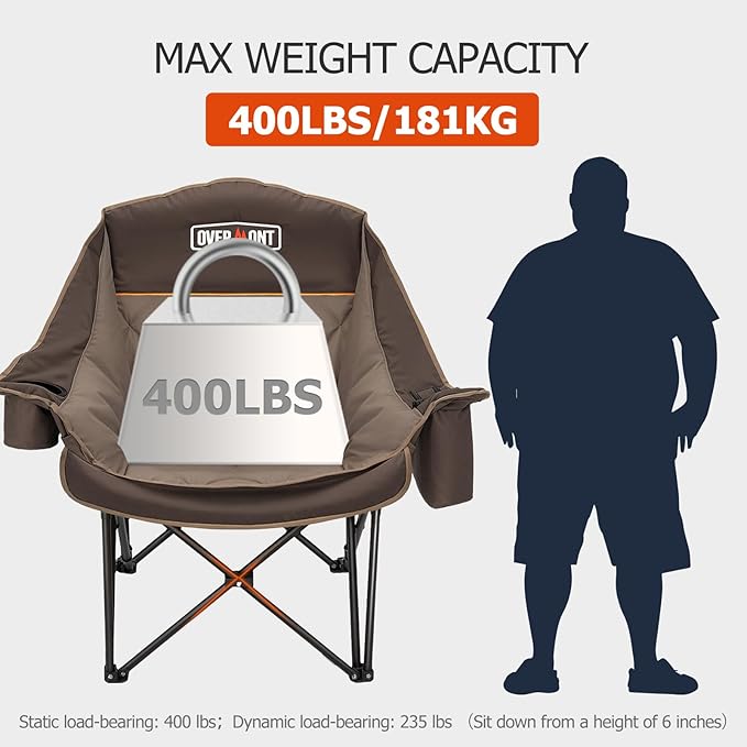 Overmont Oversized XL Camping Chair for Adults - 400lbs Support Heavy-Duty Padded Folding Chair with Side Pocket Cup Holder Cooling Bag for Outdoor Sports Garden Beach Fishing Lawn Khaki 2pcs