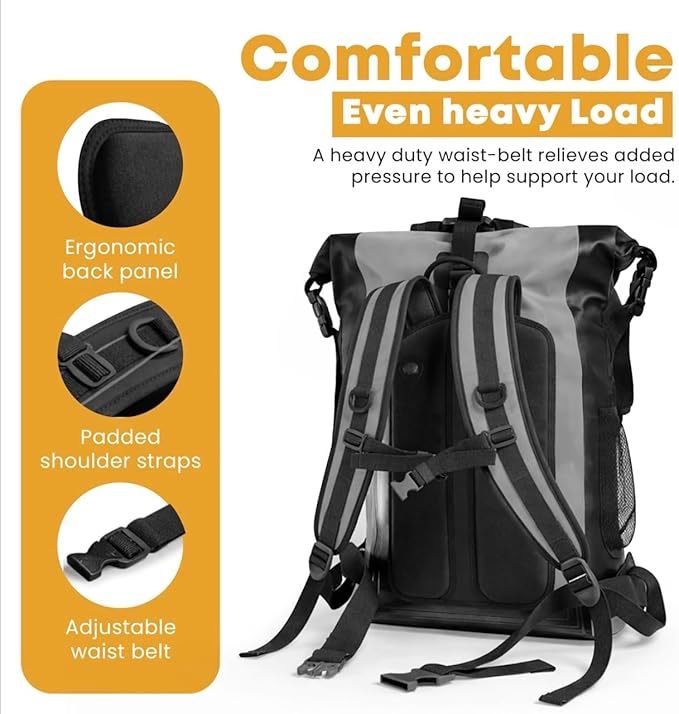 SVN Supply Co. Heavy-Duty Waterproof Backpack – Roll-Top Dry Bag for Hiking, Kayaking, Camping & Outdoor Adventures – Padded Shoulder Straps (Grey)