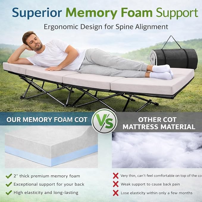 ABORON XXL Camping Cot with 2in Memory Foam Mattress, 900LBS Heavy Duty Sleeping Cot for Adults, Extra Wide Sleeping Cot, 1200D Double Layer Oxford Cot for Camping, Guest, Office Nap
