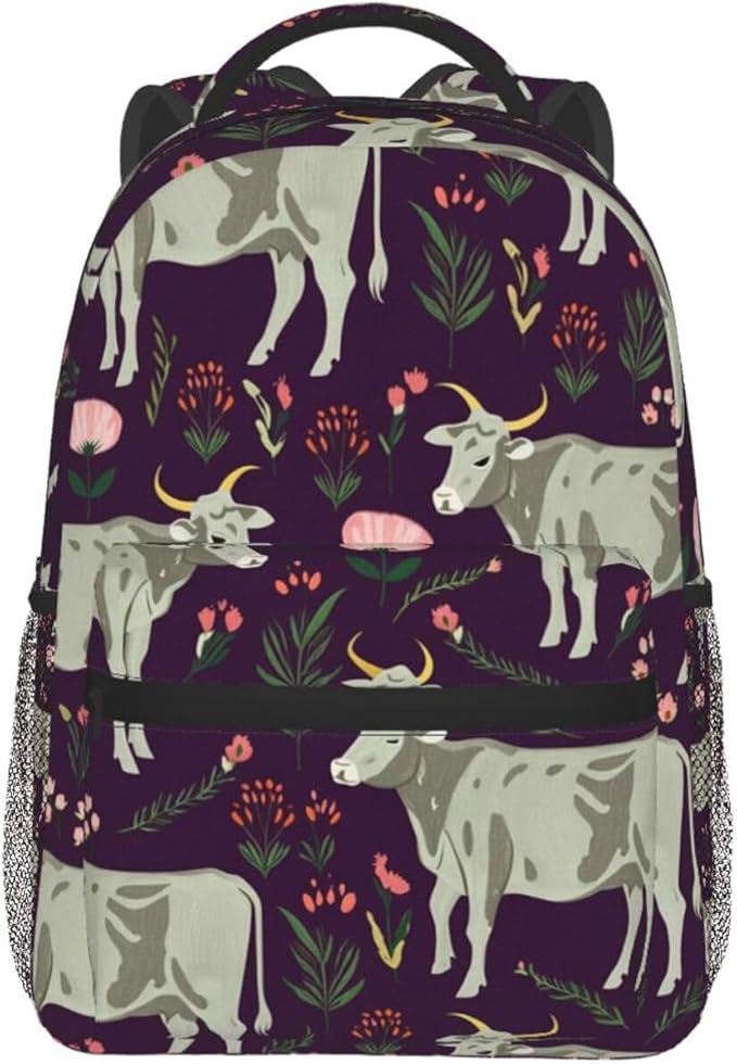 Men Women Polyester Brahman Cow Floral Backpack Large Capacity Bookbag With Smooth Zippers for Climbing Picnic Bicycle