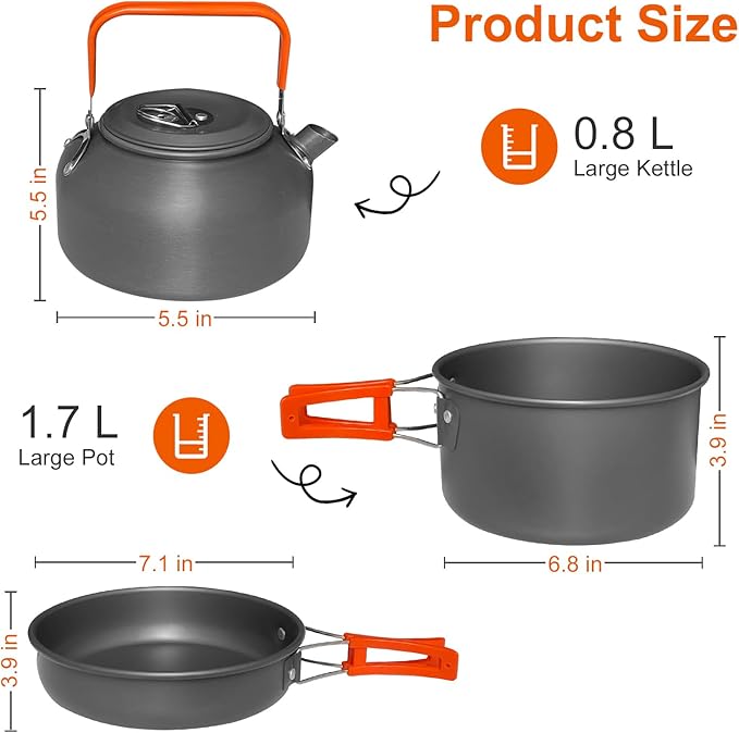 15pcs Camping Cookware, 1.7L Pot, 7inches Pan, 0.8L Kettle Set with Plates Stainless Steel Forks Knives Spoons Camping Cookware Mess Kit for Hiking,Camping,Backpacking,Outdoor Cooking