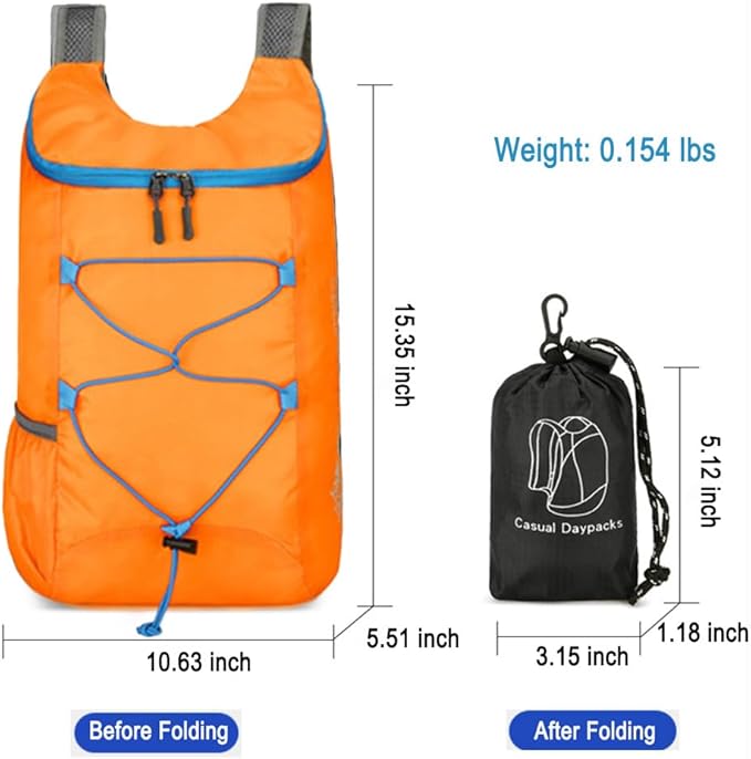 Lightweight and Thin Foldable Backpack, Climbing Bag, Hiking Daypack,15L Waterproof Travel Packable Rucksack (Orange)