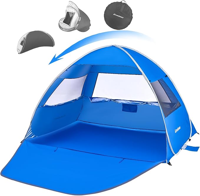EchoSmile Pop Up Beach Tent for 4 Person Family, UPF 50+ Sun Shelter & Waterproof Beach Shade for Kids, Automatic Easy Setup Portable Cabana for Outdoor Travel （Dark Blue）