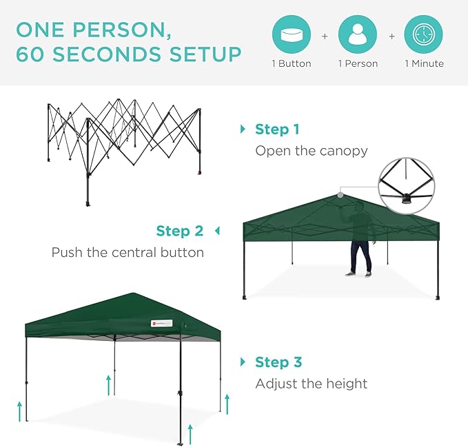 Best Choice Products 12x12ft Pop Up Canopy Tent, Outdoor Shade, 1 Person 1 Minute Set Up, Carry Case, 4 Weight Bags - Forest Green