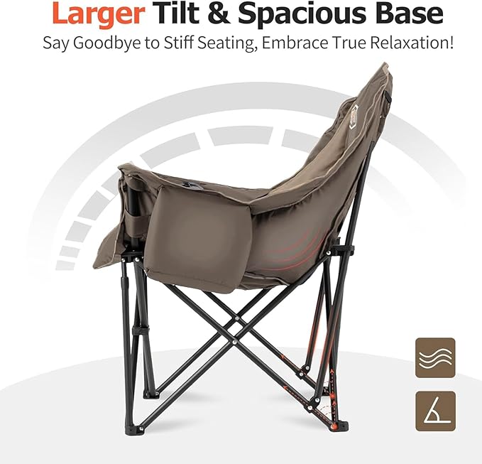 Overmont Oversized XL Camping Chair for Adults - 400lbs Support Heavy-Duty Padded Folding Chair with Side Pocket Cup Holder Cooling Bag for Outdoor Sports Garden Beach Fishing Lawn Khaki 2pcs