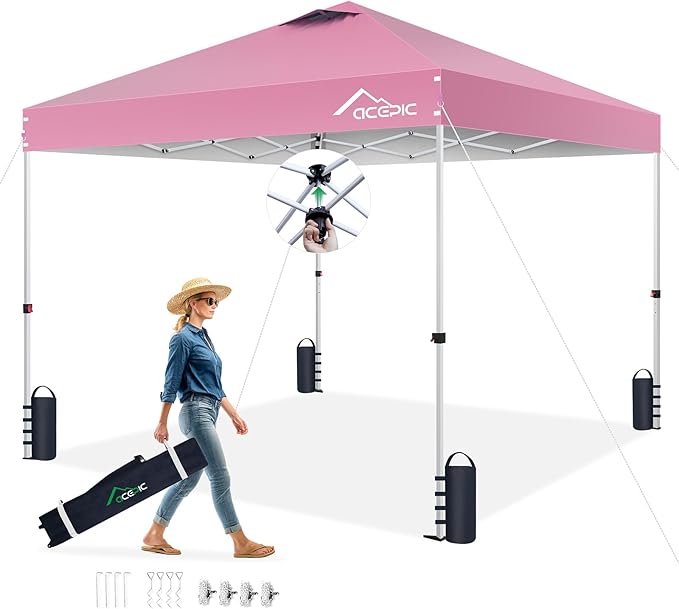 10x10 Pop Up Canopy Tent,300D Silver-Coating Top,Pop Up Canopy Tent Instant Portable Shelter with 1-Button Push and Wheel Carry Bag, 8 Stakes and 4 Upgrade Heavy Duty Canopy Weights (Pink, 10x10)