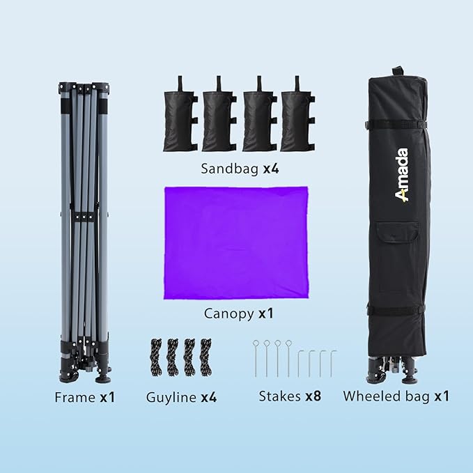 Amada 10x10 Pop Up Canopy - Center Lock One Push Instant Setup Gazebo Outdoor Canopy Beach Tent with STO-N-Go Bag 8 Stakes & 4 Sand Bags, 3-Height Adjustable Shade Shelter (10x10ft, Purple)