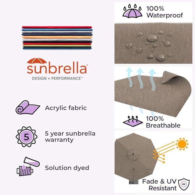 Midtown Umbrellas 10 Ft Outdoor Cantilever Patio Umbrella w/Sunbrella Cast Shale Fabric - 360° Rotate Offset Patio Umbrella, Deck Patio Umbrella, Backyard Umbrella & Garden Umbrella - Silver Frame