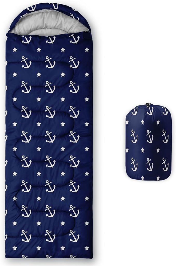 AILONEN Boys Sleeping Bag for Camping,Nautical Anchor,Lightweight & Waterproof,3 Season Warm & Cool Weather,Navy Blue Sleeping Bags for Kids Men Travelling,Outdoors