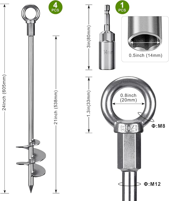 24'' Fully Welded Ground Anchors Screw in, 3'' Wider Spiral Earth Anchor for Swing Set, 4pcs Mobile Home Anchors, Wind Resistant Trampoline Wind Anchors, Ground Anchors for Sheds
