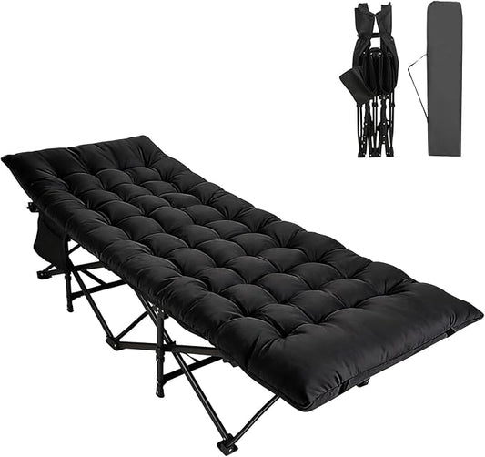 Northroad Camping Cot with Thick Mattress,Quick Set-Up Sleeping Cots with Side Pocket for Outdoor Camping, Office Nap, Home Garden, Beach, Travel, Black