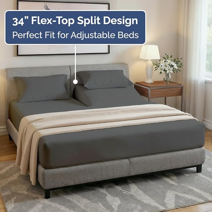 Flex Top Split Head King 4 Piece Sheet Set - Comfy Breathable & Cooling Bed Sheets Set - Hotel Luxury Bedding for Women, Men, Kids, Teens, Boys & Girls - Deep Pockets, Ultra-Soft - Oeko-Tex - Charcoal