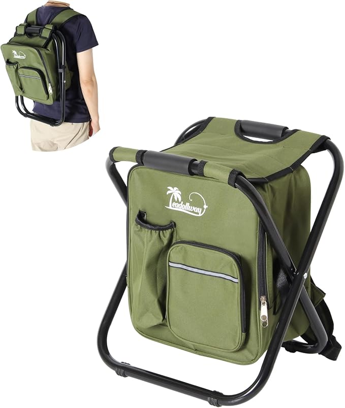 LEADALLWAY Backpack Fishing Chair with Cooler Bag Foldable Stool,Fishing Hunting Gifts for Men,Outdoor,Camping,Paints,BBQ,Beach,Picnic,Hiking,Concert,Green