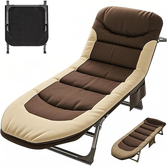 Portable Cot for Camping Adult, Folding Camping Cot with Thick Mattress, Pillow, Adjustable Cots for Sleeping with Pad, 26" Wide, Outdoor Lounge Chair for Home Office Nap Beach Travel Hiking (Brown)