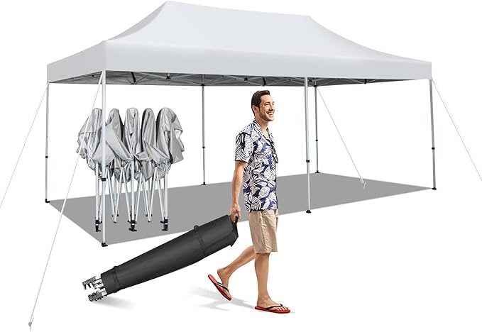 Tangkula 10x20 Ft Pop Up Canopy, UPF 50+ Easy Setup Instant Canopy Tent with 1-Push Center Lock, Wheeled Bag, 8 Stakes, 4 Ropes, Outdoor Commercial Sun Shelter Tent for Camping, Travel, Picnic
