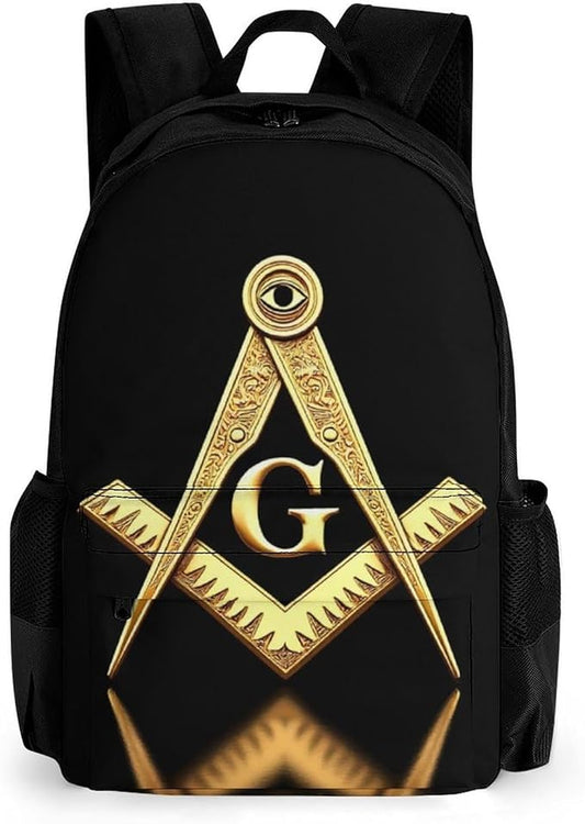 Polyester Daypack Backpack for Sports Travel Running, Big Capacity Anti-Theft Multipurpose Carry On Bag, Gold Freemason Freemasonry Masonic Laptop Book Bag Rucksack
