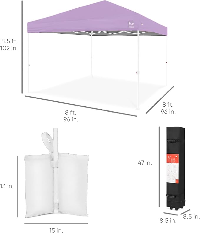 Best Choice Products 8x8ft Pop Up Canopy Tent, Outdoor Shade, 1 Person 1 Minute Set Up, Carry Case, 4 Weight Bags - Lilac/White