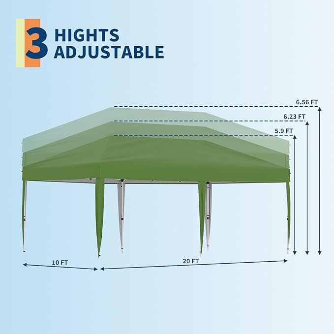 10x20 Pop Up Canopy Tent Outdoor Canopy with No Removable Sidewall One-Person Set Up Heavy Duty Commercial Instant Tent Shelter-Green