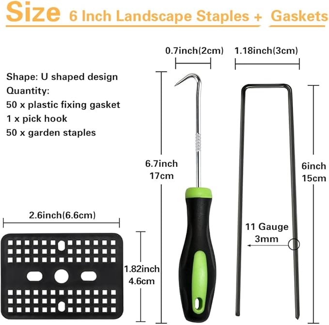 Bakulyor 50 Pcs Black Landscape Staples + 50 Pcs Buffer Washer, 6 Inch 11 Gauge Garden Stakes Anchor, U Shaped Galvanized Lawn Pins Heavy Duty Yard Ground Pin for Weed Barrier Sod Fabric Decorations