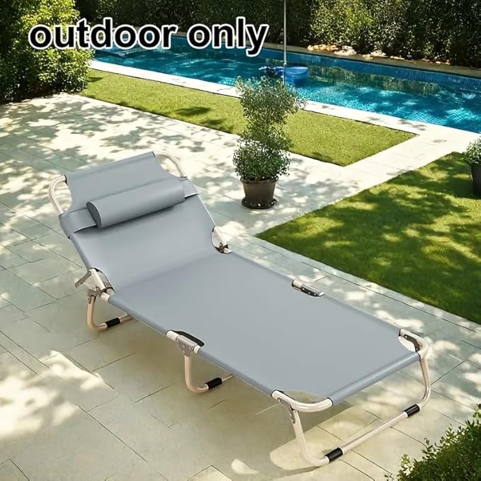 Leo IRis Portable Folding Camping Cot, Oversize Adjustable 5-Position Adults Reclining Lounge Chairs with Pillow, Heavy Duty Oxford Cloth 600D with Mattress (Gray - Simple Bed (No Mat))