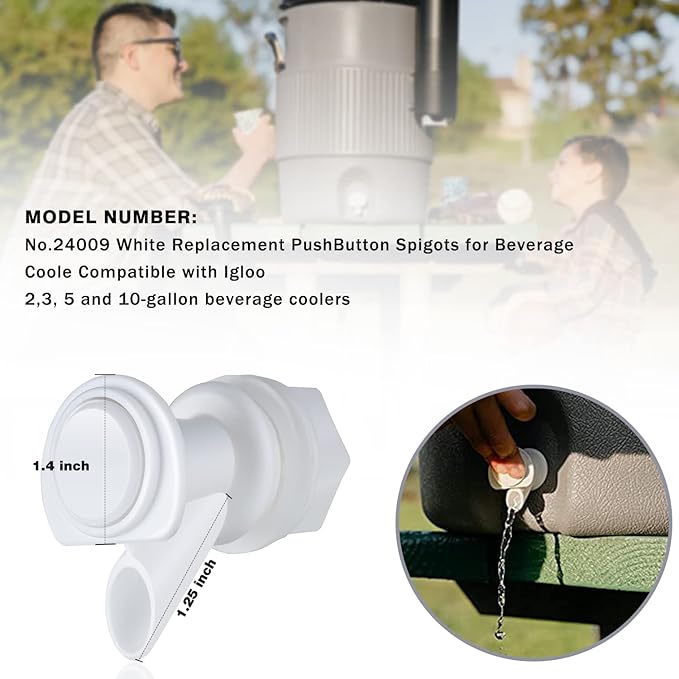 Upgrade Push-Button Cooler Spigot Replacement, Compatible with Igloo 2, 3, 5 and 10 Gallon Beverage Coolers, Durable Water Cooler Spigot for 2-10 Gallon Water Jugs Replacement Part (White-3PC)