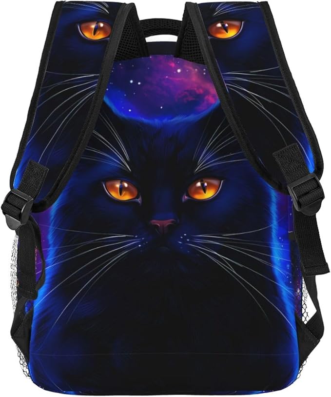 Backpack Anti-Theft Multipurpose Large Capacity Carry On Bag, Cosmic Black Cat Eye Flames Burning Starry Sky Camping Outdoor Backpack With Side Pockets