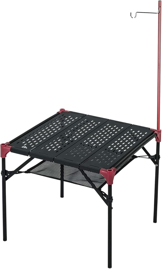iClimb Extendable Folding Table Large Tabletop Area Ultralight Compact with Hollow Out Tabletop for Camping Backpacking Beach Concert BBQ Party, Three Size (Black - S + Hanger)