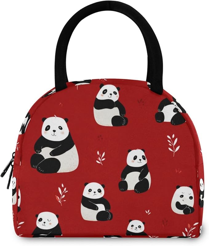 Kcldeci Kids Lunch Bag Insulated Lunch Box for Boys Girls Bear Panda on Red Reusable Toddler Leak-proof Lunchbox for School and Daycare