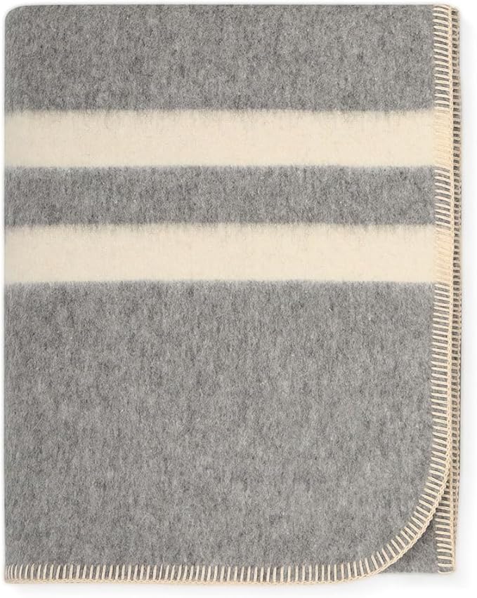 Thick Alpaca Wool Blanket Heavyweight for Camping or Indoors | Soft Peruvian Alpaca Wool Blankets (Soft Gray - Ivory Stripes, Travel Size)