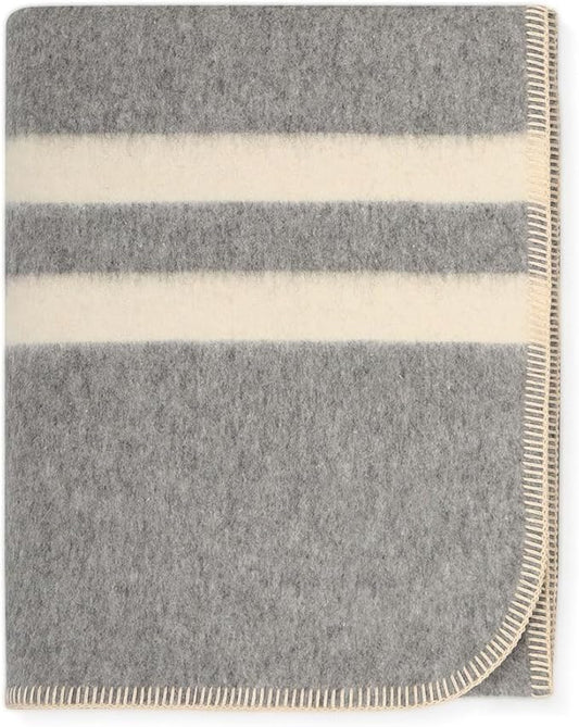 Thick Alpaca Wool Blanket Heavyweight for Camping or Indoors | Soft Peruvian Alpaca Wool Blankets (Soft Gray - Ivory Stripes, Travel Size)