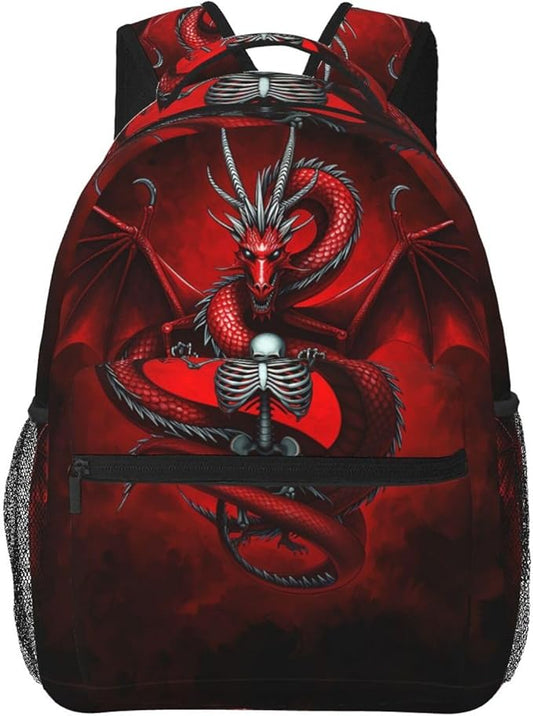 Rucksack Polyester Anti-Theft Multipurpose Skull Head Red Dragon Art Bookbag Big Capacity Travel and Sport Backpack Rucksack With Side Pockets