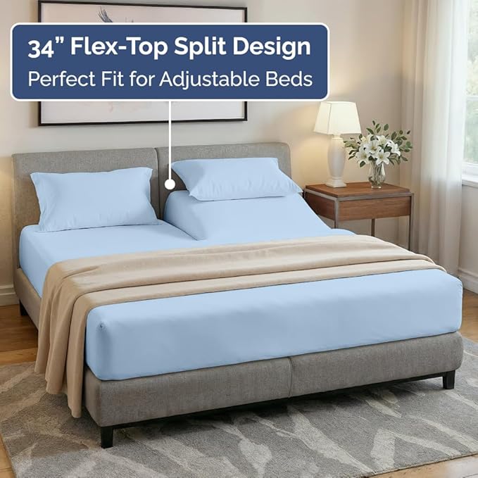 Flex Top Split Head King 4 Piece Sheet Set - Comfy Breathable & Cooling Bed Sheets Set - Hotel Luxury Bedding for Women, Men, Kids, Teens, Boys & Girls - Deep Pockets, Ultra-Soft - Oeko-Tex - Sky Blue
